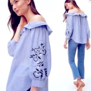 Loft petites blue striped off the shoulder top embroidered blouse Small SP boho